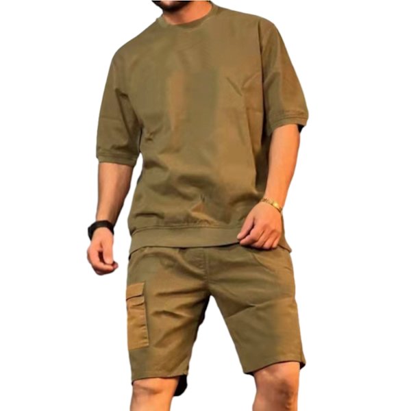 Mænds Pullover Kortærmet Multi-Lommers Shorts Sæt Brown L