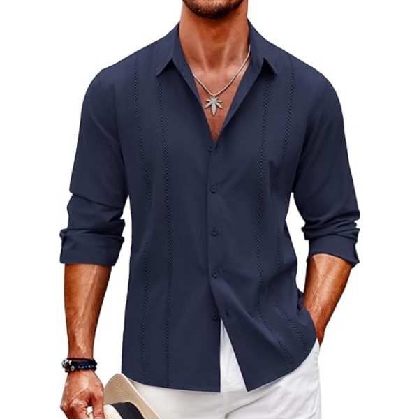 Mænds Cuban Guayabera Casual Knapløs Strand Linned Skjorter Blue M