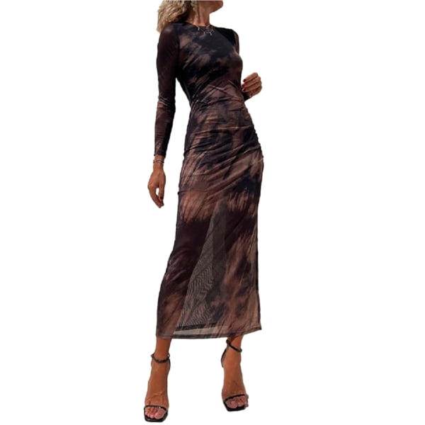 Sexiga långärmade långärmade långa klänningar med printed för kvinnor Black S