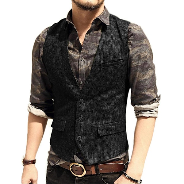 Herrar Herringbone Tweed Ylle Väst Enknäppt Slim Fit Väst Black M