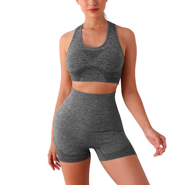 Træningssets til Kvinder 2 Dele Sømløs Ribbet Crop Tank Højtaljet Shorts GRAY L/XL