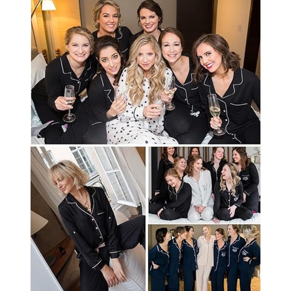 Pyjamas Set för Kvinnor, Långärmad, Knappar, Nattkläder, Bomull, Pj-Set Black M