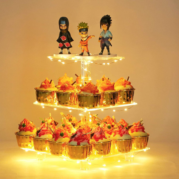 3-vånings Cupcake Stand Akryl Tower Display med LED-ljus för födelsedagsbröllop yellow