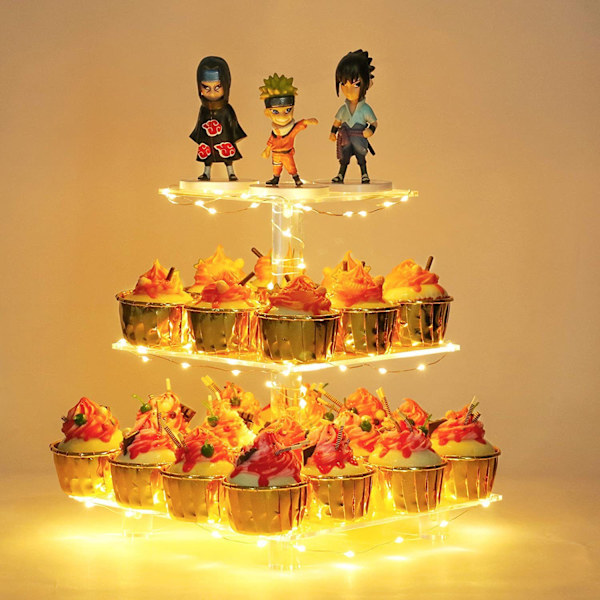 3-vånings Cupcakesställ i Akryl med LED-belysning för Födelsedagar och Bröllop yellow