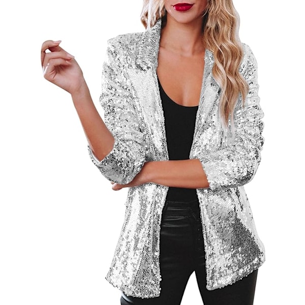 Dame Blazer Letvægts Lange Ærmer Enkelt Knappen Slank Blazer Silver L