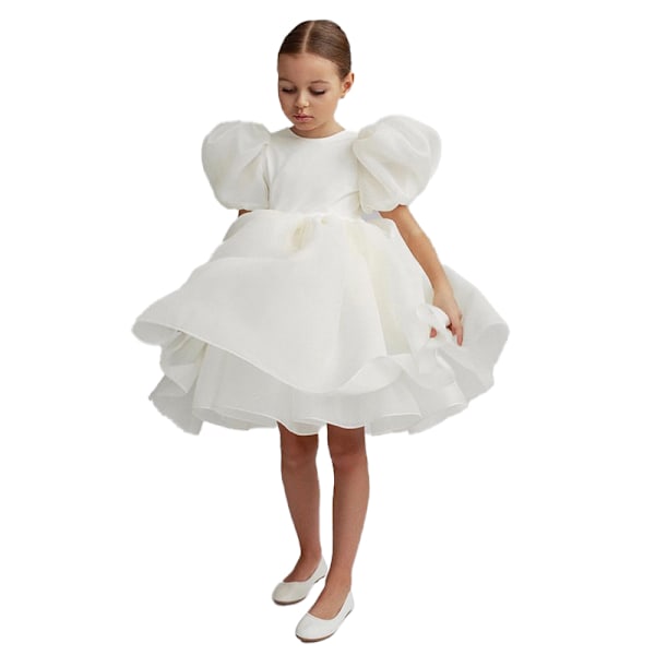 Flickor Puffärm Tyll Tutu Snurrig Babydoll Utsvängd Balklänning Prinsessklänning White 100cm
