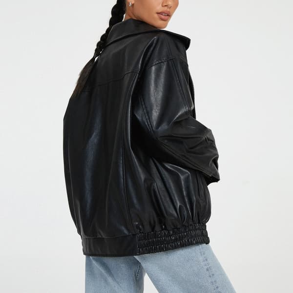 Dam Oversized Jacka, Konstläder MC Plus Size Moto Biker Kavaj Black S