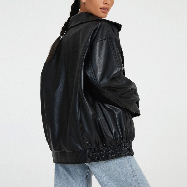 Dame Oversized Jakker, Læder Kunstlæder Motorcykel Plus Størrelse Moto Biker Frakke Black XL