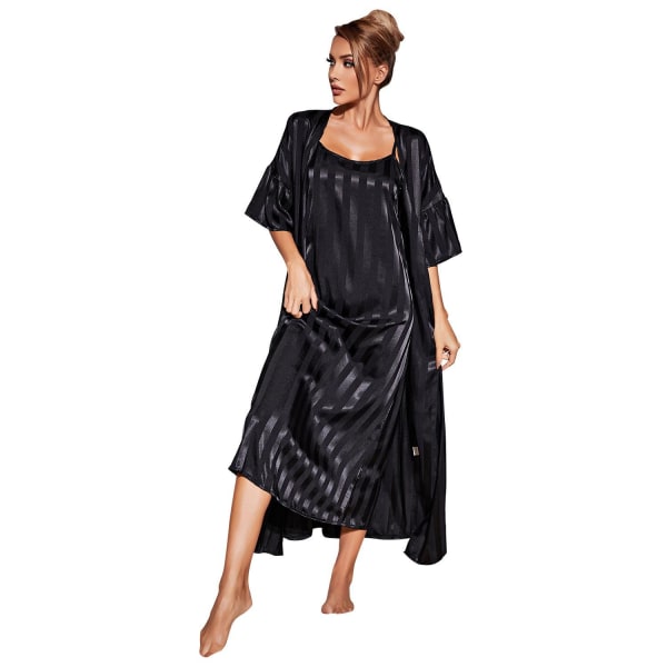 Naisten Silkki Satiini Pyjama Kevyt Aamutakki Setti Black M