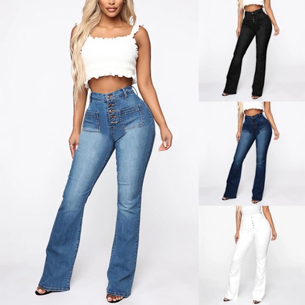 Utsvängda jeans för dam, hög midja med knappar, vida byxor med utsvängd nederkant baby blue L