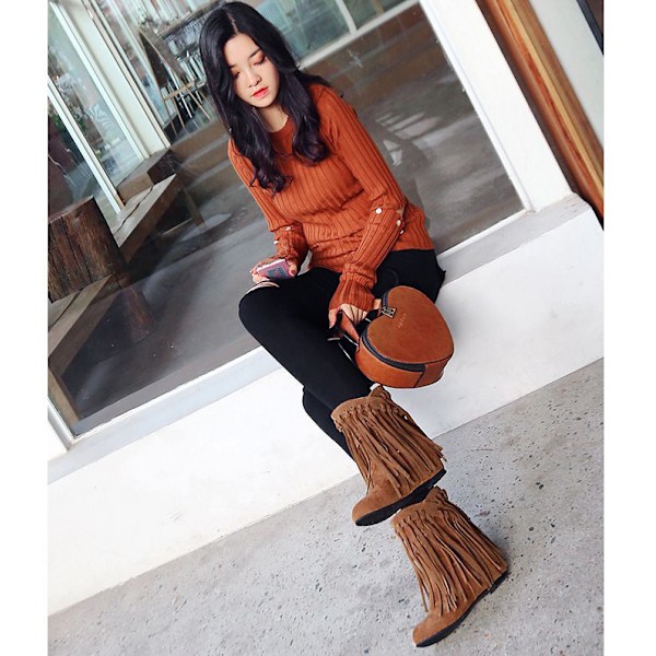 Fringe Cowboy Cowgirl Stövlar för Dam Spetsig Tå Dra På Klänning Western Ankelboots Brown 34