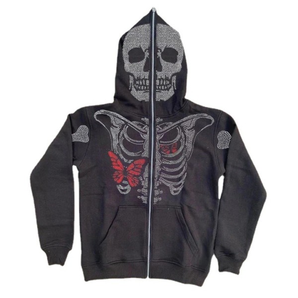 Y2k Skeleton Full Zip Up Hoodies Rhinestone grafiskt print tröja XL