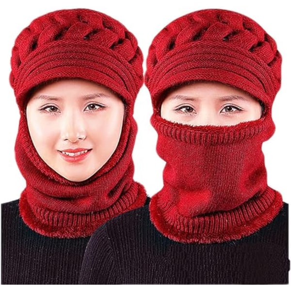Fleeceforet Beanie Hat til Kvinder Vinterhat Halsklæde Maske Sæt Red