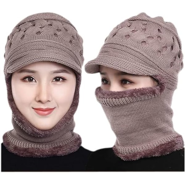 Fleeceforet Beanie Hat til Kvinder Vinterhat Halsklæde Maske Sæt Khaki