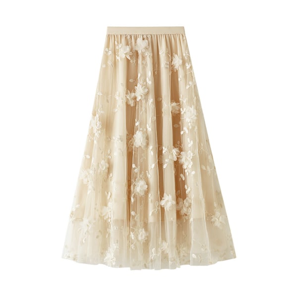 Dame Blomstret Midi Skørt Højtaljet A-Linje Sød Lagdelt Fe Mesh Tulle Plettet Skørt Apricot