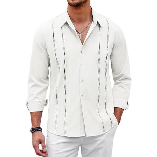 Herrar Cuban Guayabera Casual Knapp-Down Strandlinne Skjortor White 2XL