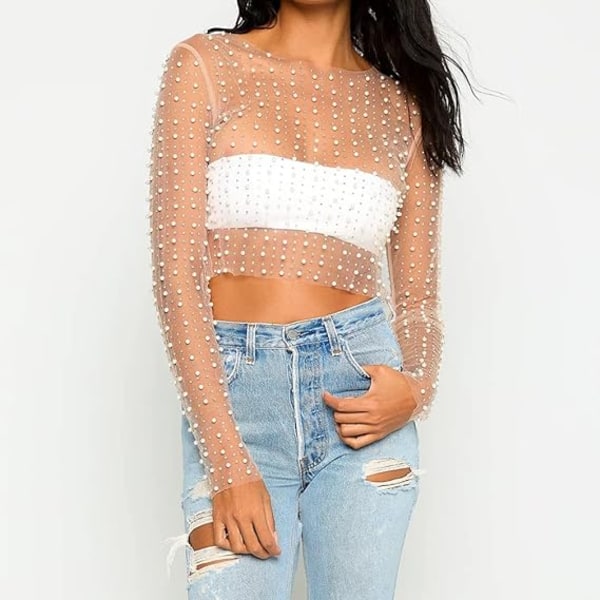 Naisten Seksikäs Läpinäkyvä Helmi- ja Strassinen Paillettava Crop Top Beige L