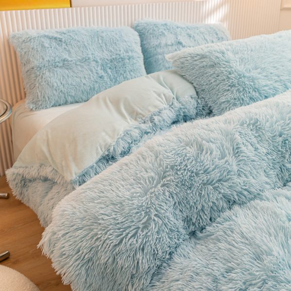 Ultra Mjuk Konstpäls 4-Delars Sängset för Queen Size, Plyschig och Fluffig Sängkläder blue 200*230cm