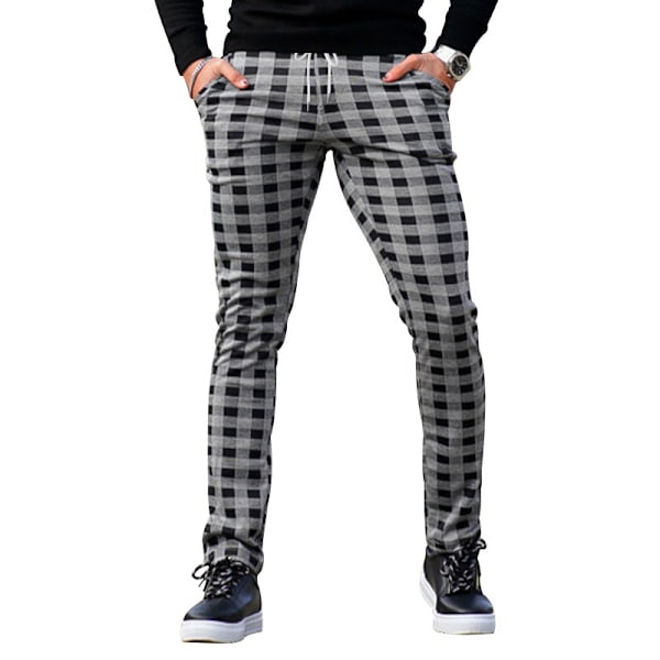 Mænds Chino Bukser Skinny Fit Plaid Stilfulde Casual Business Dress Bukser Grey M