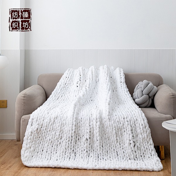 Tyk Strikket Tæppe, Blødt Strikket Hæklet Tæppe til Sofa Hjemmeindretning White
