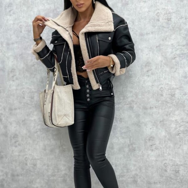 Naisten villainen lyhyt takki vetoketjullinen biker-takki Black L