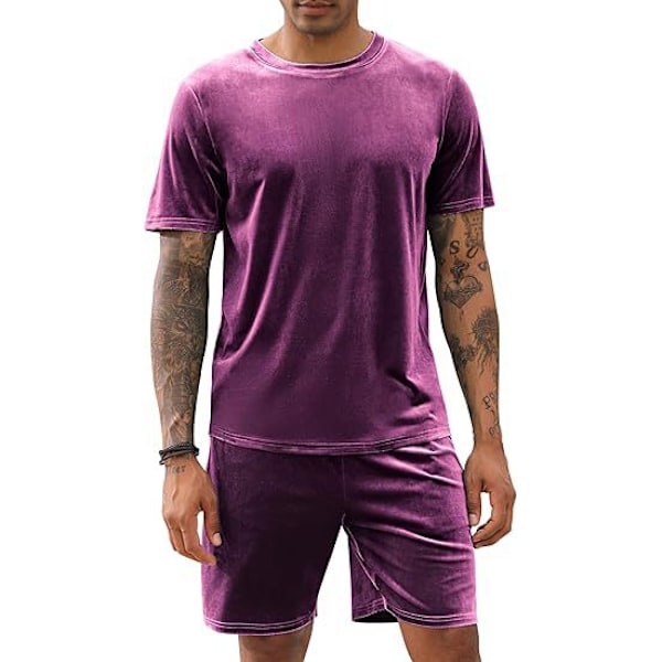 Mænd Velour Skjorte Trøje Shorts 2 Dele Outfits Tracksuit Purple L