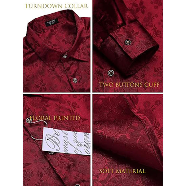 Miesten Silk Satin -puvupaidat Jacquard pitkähihaiset kukkakuvioiset paidat red M