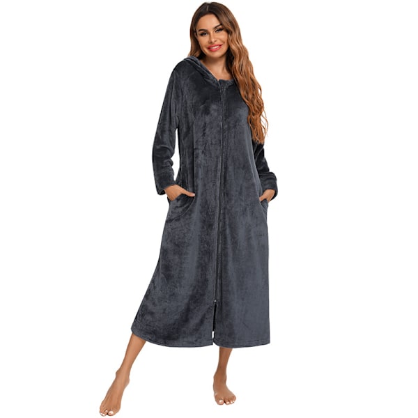 Kvinners Zip Up Robe Sweatshirt Robe Lang Hetterobe Grey L
