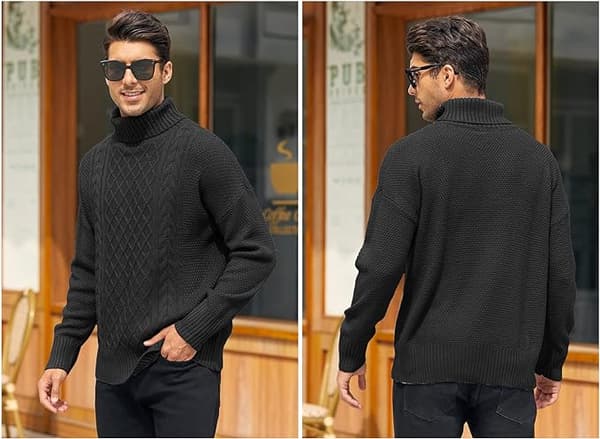 Herrar Turtleneck Tröja Kabel Stickad Vintertröjor Black L
