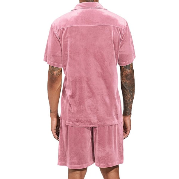 Herr Casual Kort Set Sammet Kortärmad Knapp Ned Skjorta 2 Delar Outfits Träningsoverall Pink 2XL