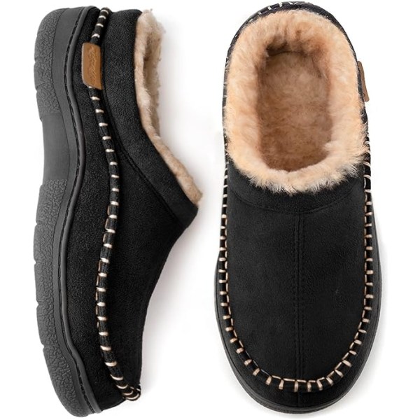 Slip On Moccasin-tofflor för män, inomhus/utomhus varma luddiga bekväma husskor Black 7-8