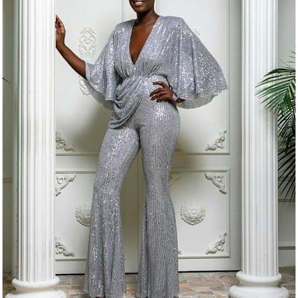 Sexy Jumpsuit til Kvinder med Paljetter, Dyb V-Udsnit og Stropper M