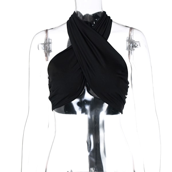 Sleeveless Cross Self Tie Backless Crop Top för kvinnor Black
