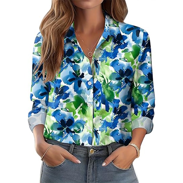 Dam Skjortor med Knappar Blommig Tryck Långärmad Vardaglig Topp Blue L