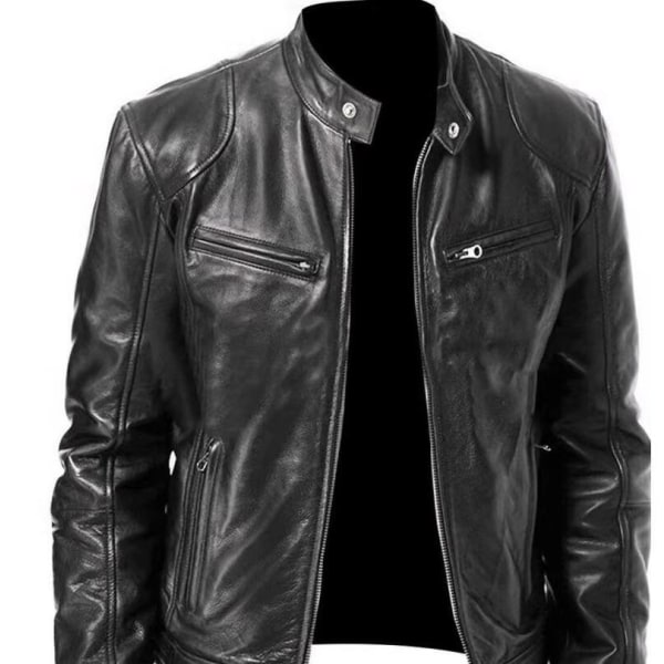 Mænds Slim Fit Stand Collar Læderjakke Black S
