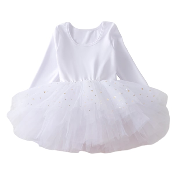 Pige Ballerina Tutu Leotard med Lange Ærmer og Glimmer White L