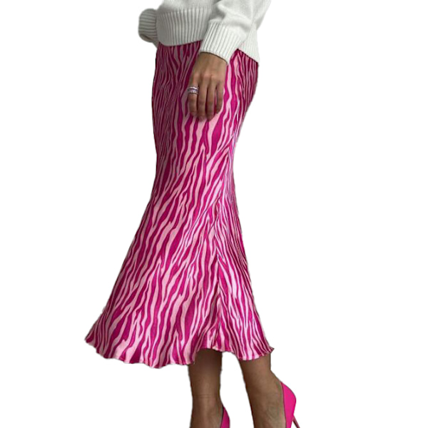 Kvinnors satin hög midja printed Casual A Line kjol rose M