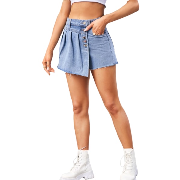 Dame Casual Split Hem Højtaljet Denim Skorts Skørte Shorts Light blue 2XL