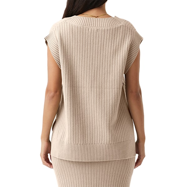 Strikket Vest for Kvinner V-Hals uten Ermer Ensfarget Løstsittende Pullovergenser Beige S