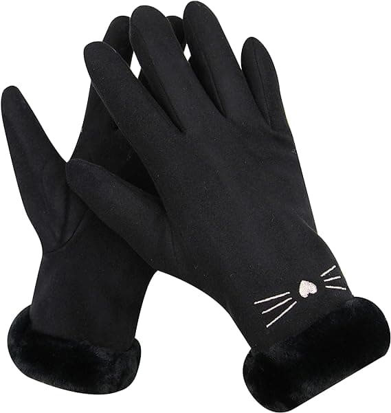Dame Suede Handsker Søde Kat Fleeceforet Varme Handsker Black