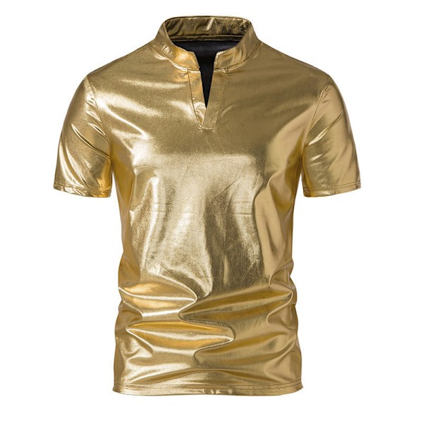 Mænds Skinnende Metalisk Kortærmet Skjorte Party T-shirt Top XL