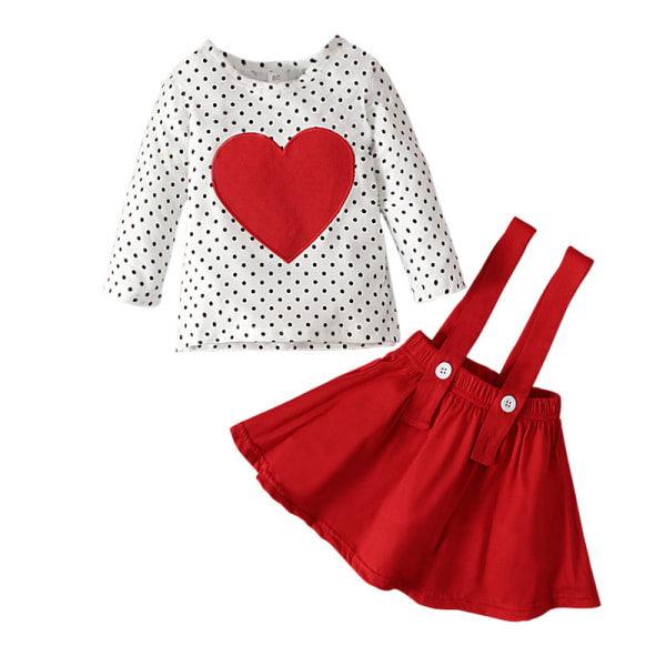 Toddler Baby Flicka Valentinsdag Outfit - Tröja + Suspenderkjol Röd 100