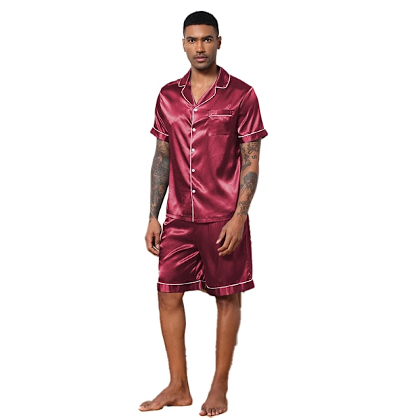 Män Satin Pyjamas Set 2 Delar Loungewear Knapp-Ner Pjs Set red L