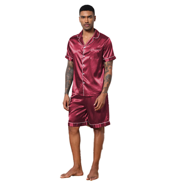 Män Satin Pyjamas Set 2 Delar Loungewear Knapp-Ner Pjs Set red S