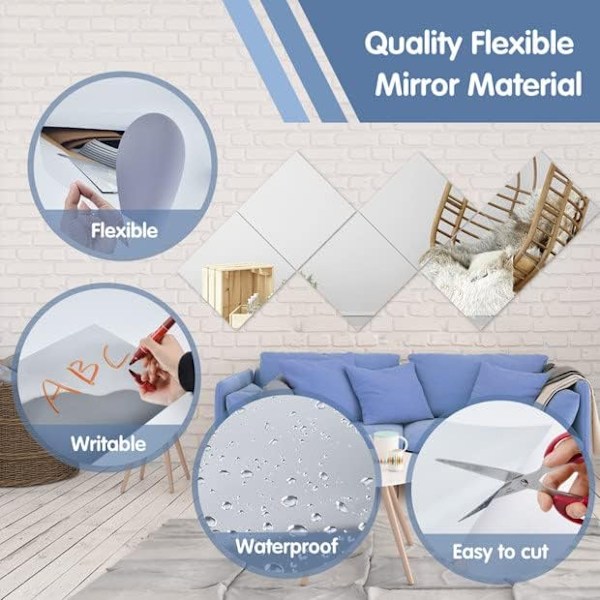 Självhäftande Akryl Spegel, Flexibla Plast Spegelplattor Väggdekaler 15*15CM