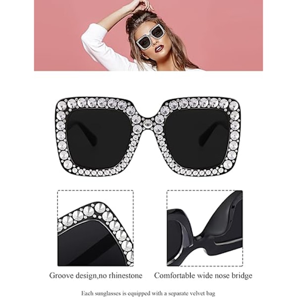 2 stk. Oversize Firkantede Glitrende Solbriller Retro Tykke Ramme Solbriller Pink+Black