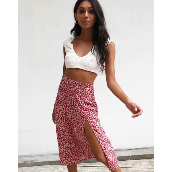Sommarflödande midikjolar med slits för damer, ledig blommig kjol med hög midja red and white M