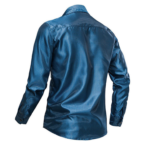 Menn's Glossy Lomme Langærmet Lapel Trykket Skjorte Blue M