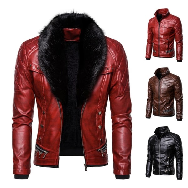 Miesten vetoketjullinen irrotettavan turkiskauluksen takki, nahka vintage steampunk retro takki Red L