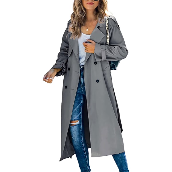 Dame Lang Dobbeltbrystet Trenchcoat, Vindtæt Klassisk Lapel Slank Overfrakke GRAY L